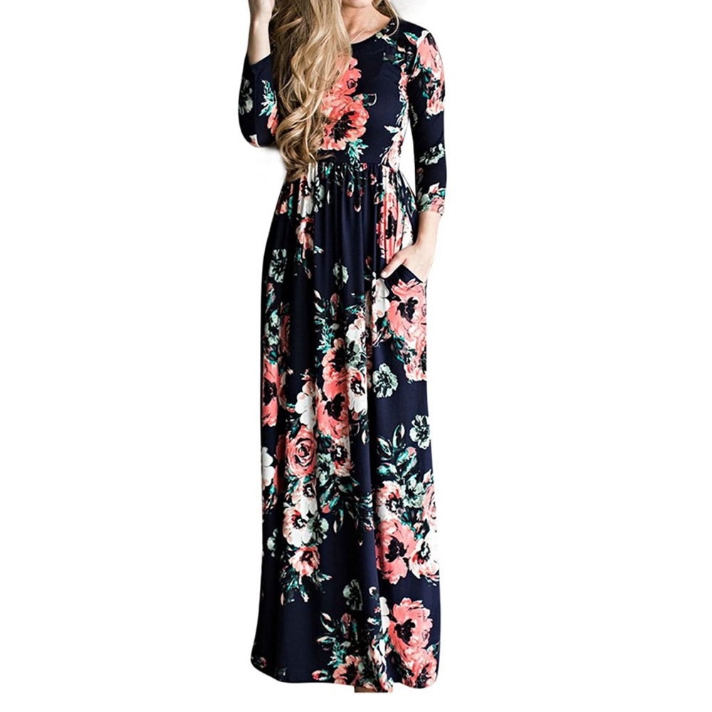 navy and pink floral long sleeve maxi dress